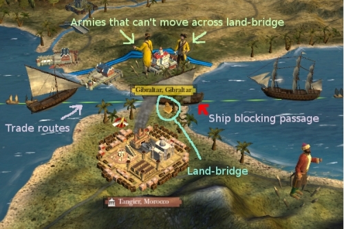 An example of what can happen when ships park in certain parts of the maps.  Here a Moroccan ship is raiding the trade route (green line) and at the same time is inadvertantly stopping all traffic through that point both by land and sea.